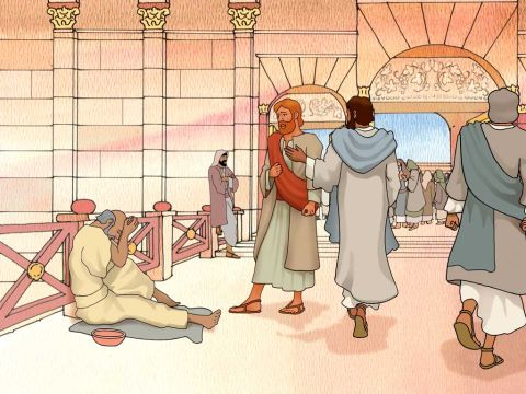Quando ele viu que Pedro e João estavam prestes a entrar no templo, ele lhes implorou por alguma esmola. Porém Pedro, juntamente com João, olhou atentamente para ele e disse:<br/>- Olhe para nós!<br/>Atos 3:3-4 – Slide número 2