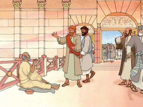Ele olhou atentamente para eles esperando receber alguma coisa deles. Mas Pedro disse:<br/>- Eu não tenho prata e outro, mas o que eu tenho isto eu te dou: Em nome de Jesus Cristo, o Nazareno, ande! Atos 3:5–6 – Slide número 3