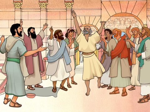 E todas as pessoas viram que ele estava andando e louvando a Deus; e eles o reconheceram como aquele que costumava sentar à entrada da Porta Formosa do Templo para pedir esmolas, e eles ficaram maravilhados e surpresos com o que havia acontecido com ele. Atos 3:9–10 – Slide número 5