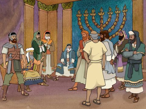 No dia seguinte, as autoridades, os líderes religiosos e os mestres da lei reuniram-se em Jerusalém; e Anás, o sumo sacerdote,... e todos os que eram descendentes do sumo sacerdote. Mandaram trazer Pedro e João diante deles e começaram a interrogá-los: <br/>– Com que poder ou em nome de quem vocês fizeram isso?<br/>Atos 4:5–7 – Slide número 12