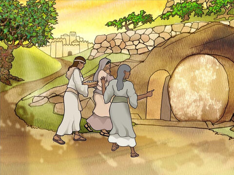 No domingo, as mulheres foram ao túmulo de Jesus levando especiarias para honrar o corpo de Jesus. Quando se aproximaram do túmulo, elas se perguntavam como entrariam. Encontraram a pedra rolada. Ao entrar, viram que o corpo de Jesus tinha sumido. (Marcos 16:1–4) – Slide número 4