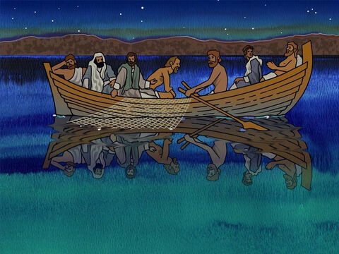 Era hora dos discípulos irem para a Galileia e ver Jesus, como Ele dissera. Jesus ainda não tinha chegado, e, certa noite, Pedro decidiu ir ao mar da Galileia pescar. Alguns discípulos foram com ele. (João 21:1–3) – Slide número 9