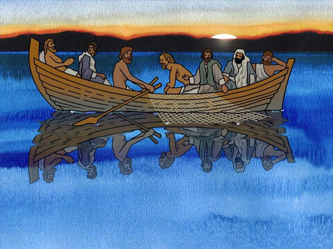 Alguns discípulos, incluindo Pedro, eram pescadores experientes. Eles pescaram a noite toda e não apanharam um peixe sequer. Quando a manhã raiou, eles remaram de volta para a praia decepcionados. Provavelmente parecia um grande desperdício do tempo deles. (João 21:3b) – Slide número 10