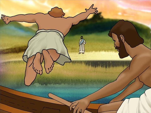 Agora João percebeu que era Jesus na praia e que Ele os instruíra o que fazer. Ele disse a Pedro:<br/>– É o Senhor!<br/>Pedro não quis esperar para remar até a praia. Então, em vez disso, ele pulou para fora do barco e nadou até seu Senhor. (João 21:6b-6) – Slide número 13
