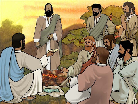 Quando todos eles chegaram à costa, Jesus lhes disse:<br/>– Venham tomar o café da manhã.<br/>Jesus tinha preparado uma fogueira com brasas e colocou pão sobre ela. Jesus também os encorajou a acrescentar os peixes que haviam pescado à refeição. (João 21:9–14) – Slide número 14
