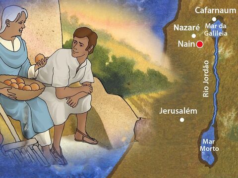 Jesus e Seus discípulos viajaram para o sul para um vilarejo chamado Naim. Em hebraico, Naim significa “verdes pastos”, “amável”. Naim ficava a 40km sudoeste de Cafarnaum. Um jovem e sua mãe viúva viviam lá. – Slide número 1